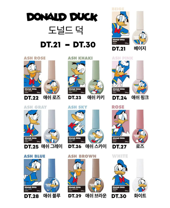 A collection of Disney-inspired Donald Duck-themed gel polish colors, featuring 10 unique shades and hues, including Beige, Ash Rose, Ash Khaki, Ash Pink, Ash Gray, Ash Sky, Rose, Ash Blue, Ash Brown, and White. The gel formula is 14-free and HEMA-free, offering an opaque finish and smooth application.