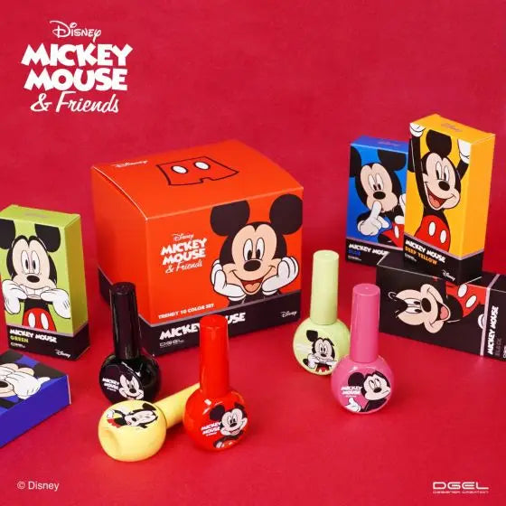 Colorful Disney Mickey Mouse themed gel nail polish collection, featuring 10 different shades including red, orange, yellow, green, pink, blue, purple, and black. The image showcases the product packaging and bottles, highlighting the vibrant and playful design inspired by the iconic Disney character. ,  DGEL