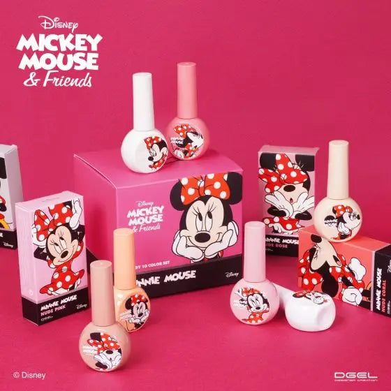 A vibrant, colorful collection of Minnie Mouse-themed gel nail polish products, showcasing a range of stylish shades from nude white to coral pink, presented in a sleek and modern packaging design.