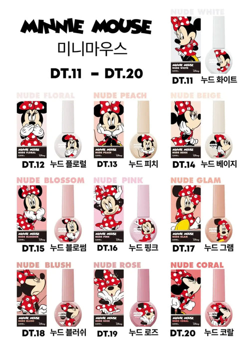 An image of the DGEL Disney Minnie Mouse Collection, featuring 10 different gel polish shades inspired by the iconic Disney character Minnie Mouse. The colors range from nude white to nude coral, with various shades of nude, peach, pink, and blush tones. The image showcases the diverse color palette and the buildable, smooth formula of the DGEL brand's Minnie Mouse-themed gel polishes.