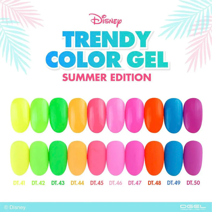 Vibrant and trendy Disney-inspired nail polish collection featuring 10 different neon and bold gel polish colors, including yellow, green, lime, deep yellow, coral, pink, deep pink, orange red, sky blue, and violet, showcased in a summer-themed product image.