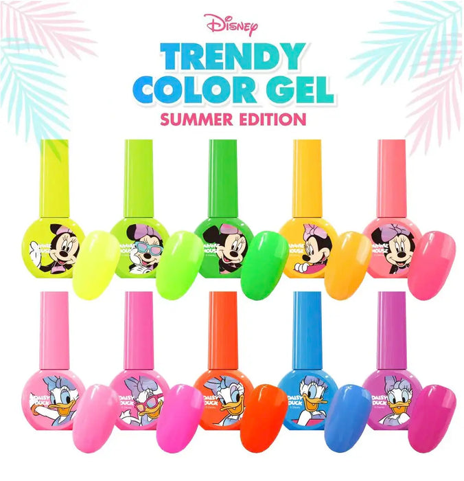 Vibrant gel polish collection featuring iconic Disney characters like Mickey Mouse and Donald Duck, offering a wide range of trendy summer colors including neon yellow, green, lime green, deep yellow, coral, pink, deep pink, orange red, sky blue, and violet. This 10-piece set provides an opaque, smooth application with a buildable formula, and is 14-free and HEMA-free for a safer, more enjoyable nail care experience.