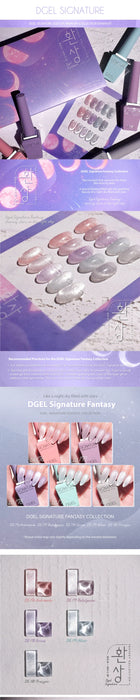 Diverse collection of captivating DGEL Signature Fantasy nail gel colors inspired by the night sky, showcasing dazzling effects and magnetic elements for ever-changing, celestial-inspired nail art. Featuring shades such as Andromeda, Betelgeuse, Sirius, Altair, and Procyon, this set allows you to create your own enchanting, star-filled nails.