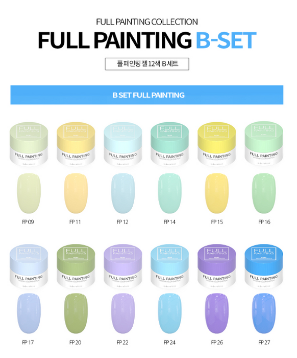 Visual of Set B in DGEL's Full Painting Gel Collection, featuring soft pastel colors like greens, blues, and pinks, each jar prominently displayed with its color code.