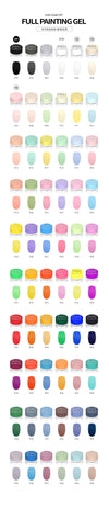 A comprehensive display of DGEL's Full Painting Gel Collection featuring 60 colorful gel polish jars arranged in a circle on a bright yellow background, highlighting the diverse palette available.