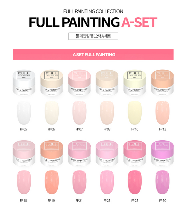 Display of Set A from DGEL's Full Painting Gel Collection, showcasing pastel shades ranging from soft whites and pinks to gentle yellows, neatly arranged and labeled with their respective codes.