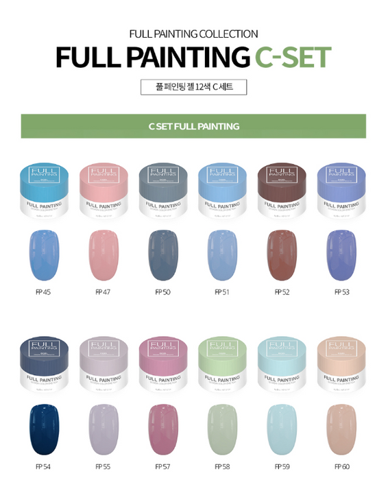 Overview of Set C from DGEL's Full Painting Gel Collection, showing a range of dusky blues, pinks, and greys, each tinted jar clearly marked with its color code for easy identification.