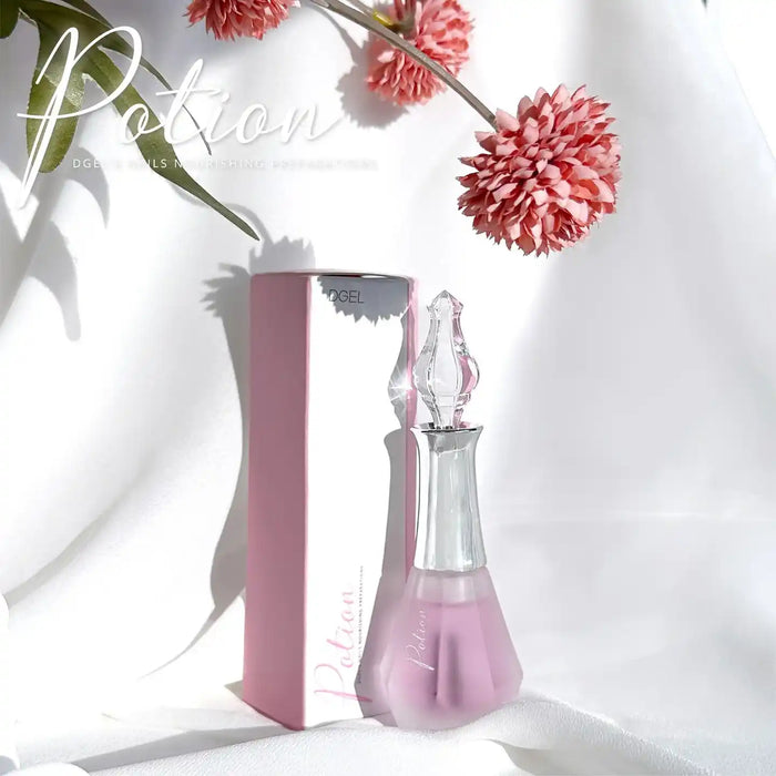 A beautifully designed pink bottle of DGEL's Healing Potion, featuring a sleek and modern aesthetic. The potion is surrounded by delicate, pink dahlia flowers, adding a touch of natural elegance to the image. The product description highlights the unique blend of therapy and nutrition, as well as the relaxing fragrance and natural shine that the potion provides for hands and feet.