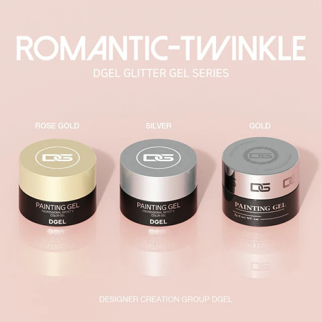 Stylish promotional image for DGEL's Romantic Twinkle Glitter Gel Series, featuring three metallic gel paint pots: Rose Gold, Silver, and Gold. Each pot is distinctively colored to match the gel inside—Rose Gold with a golden lid, Silver with a gray lid, and Gold with a black lid. The background is a soft pink, enhancing the romantic and luxurious feel of the collection.