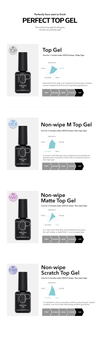 Top Gel Comparison Chart: Four top gel bottles shown: Top Gel, Non-wipe M Top Gel, Non-wipe Matte Top Gel, and Non-wipe Scratch Top Gel, each with unique properties, such as gloss, durability, and fluidity. This chart demonstrates their specific uses and drying times.