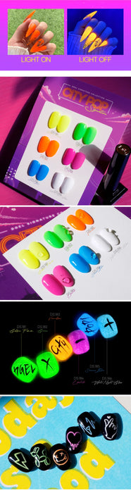 The image shows a collection of DGEL Signature City Pop nail polish products, featuring vibrant glow-in-the-dark colors inspired by the City Pop era. The nail polish shades include Golden Fizz, Green, Vermillion, Lipstick, Science Blue, and White Night Glow. The images depict the nail polish colors with and without the glow-in-the-dark effect, showcasing the innovative and luminescent finish of the DGEL City Pop Collection. This set offers a uniq