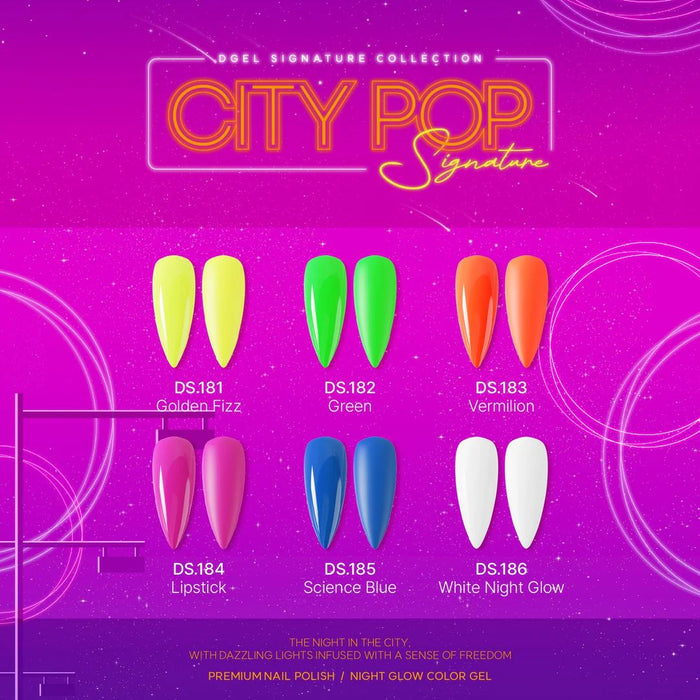 DGEL Signature City Pop Collection 6pcs/set - A vibrant, neon-colored nail polish set that glows in the dark, capturing the essence of the City Pop era. The collection features six stunning shades, each formulated to deliver high-impact luminescence for show-stopping nail art.