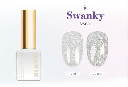 Captivating Swanky Magnet Reflective Glitter Gels by SHOWME Korea, showcasing a stunning, self-leveling formula with a perfect consistency and long-lasting UV/LED application in 30-60 seconds. Presented in a special boxed packaging with a color card, these versatile gels are available as a set or individually, allowing for customizable nail designs. SHOWME Korea, the trusted brand for high-quality nail care solutions.