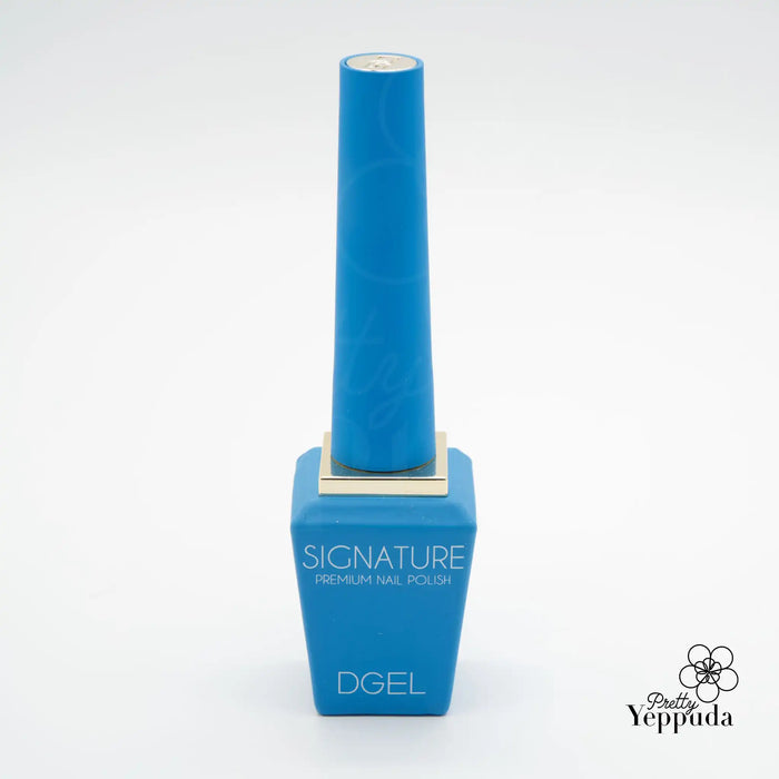 Vibrant blue nail polish bottle with the DGEL Signature logo, showcasing the brand's premium nail polish collection inspired by the neon city aesthetic, with a comfortable handle and high-quality brush for precise application.