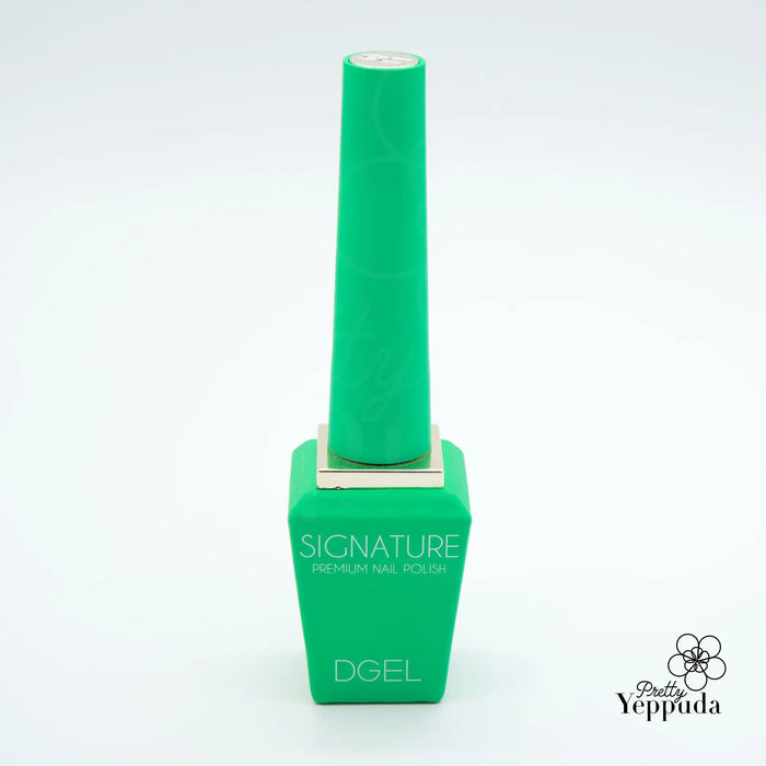 Vibrant green nail polish bottle with DGEL Signature Neon City Collection branding, showcasing the brand's commitment to quality and innovative nail care solutions.