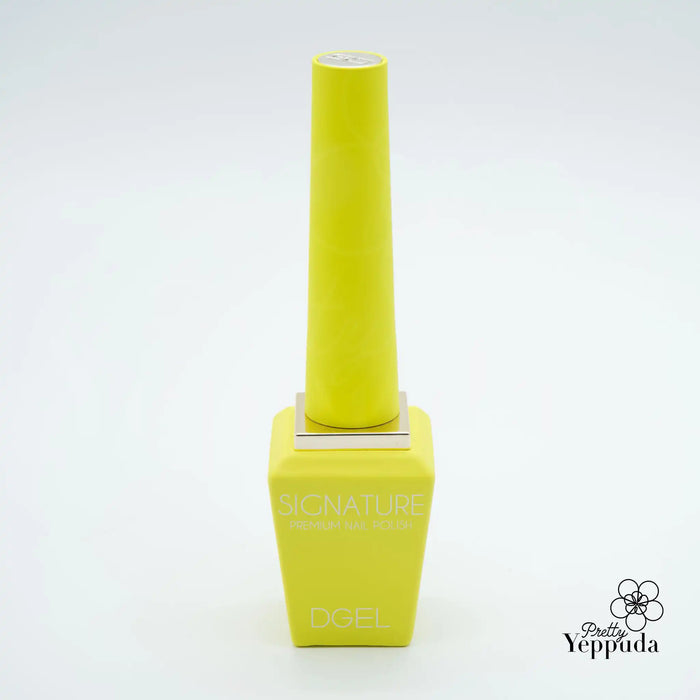 A vibrant yellow-colored gel nail polish bottle from the DGEL Signature Neon City Collection, featuring a comfortable handle design and high-quality brush for precise application and control.