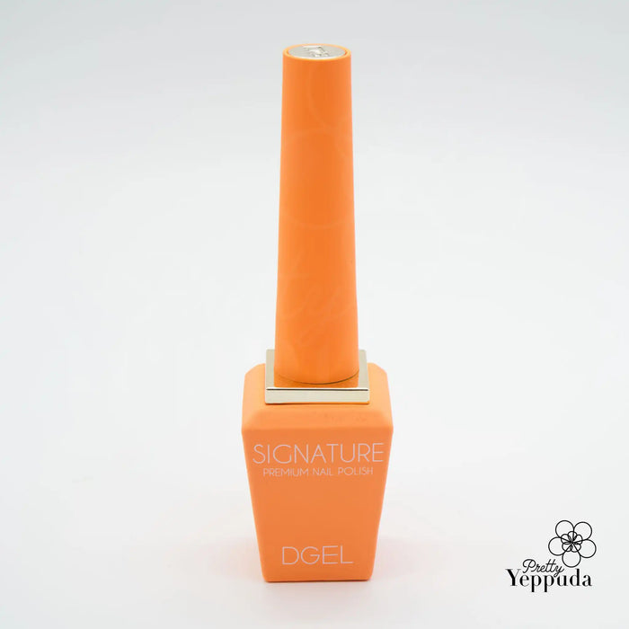 Vibrant orange nail polish bottle with the DGEL Signature Neon City Collection branding, featuring a comfortable handle design and high-quality brush for precise application of the 14-free gel formula.