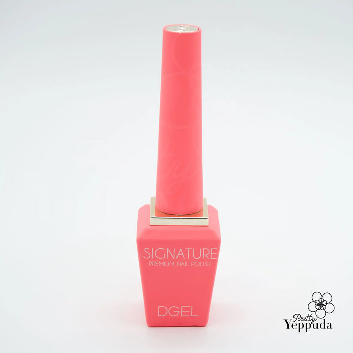 The image depicts a vibrant pink nail gel bottle from the DGEL Signature Neon City Collection. The bottle features a comfortable handle design and high-quality brush bristles that allow for precise application of the 14-free nail gel formula. This 10-piece set captures a full spectrum of rainbow colors, providing a visually striking and eye-catching nail polish option.