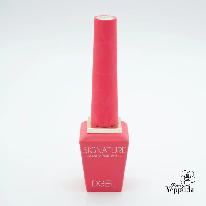 DGEL's vibrant Signature Neon City Collection nail gel bottle, showcasing a striking pink hue and a sleek, ergonomic design for precise nail art application.