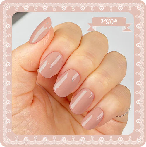 The image shows a hand displaying a set of well-manicured nails, with a pale peach or nude color polish. The nails are in a clean, uniform shape, showcasing the high-quality craftsmanship and elegant aesthetic of the "SHOW ME KOREA Purring Song" nail gel product. The image highlights the brand's expertise in delivering a flawless, professional nail care experience.