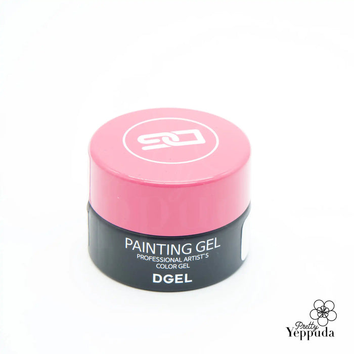 A vibrant pink gel container labeled "DGEL X JINI Painting Gel Set with Romantic Twinkle", showcasing a diverse collection of 10 different painting gels in various colors including white, black, orange, blue, green, purple, red, yellow, blue, and pink, providing a versatile and creative painting experience for artistic professionals and enthusiasts alike.