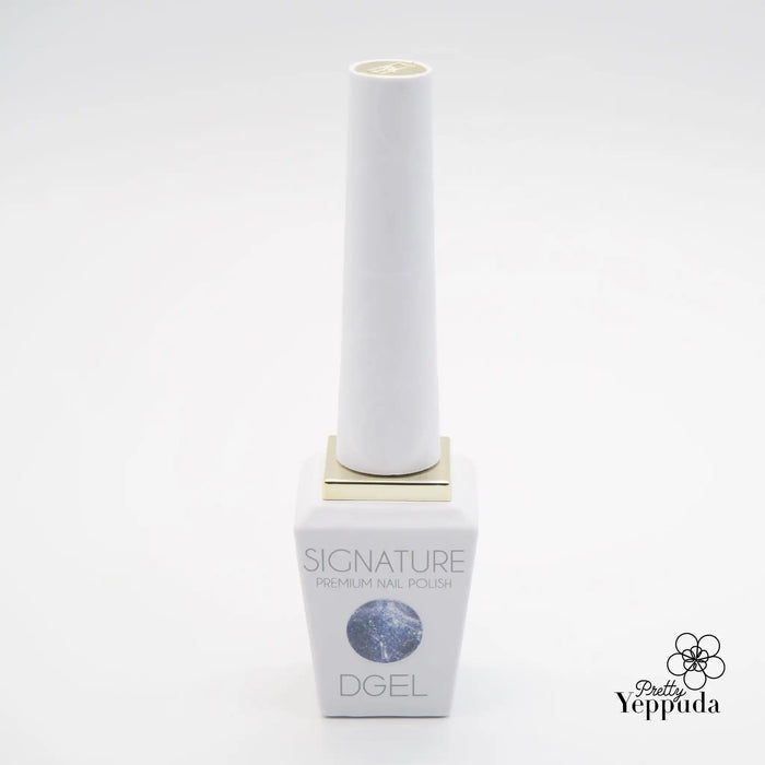 Reflective nail polish bottle in a sleek, minimalist design, featuring the DGEL Signature Reflect Collection branding. The product description highlights the unique reflective properties of the polish, inspired by the brilliant light of the Milky Way on a snowy winter night. This premium, high-quality nail gel provides a chic, shimmering effect with its combination of reflective glitter and silver-tone magnetic particles.