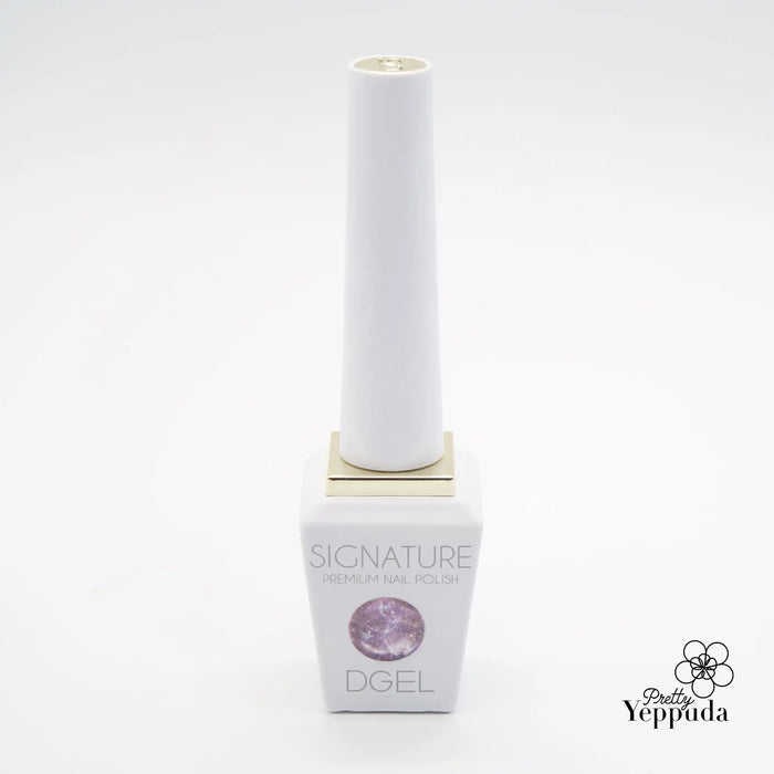 The image shows a bottle of DGEL Signature Reflect Collection, a reflective nail polish that captures the shimmering light of the Milky Way on a snowy winter night. The bottle has a cylindrical white body with a silver-toned magnetic cap, evoking a sense of celestial elegance. The product description highlights the brilliant reflective glitter and chic silver-tone particles that create a mesmerizing effect when exposed to UV/LED light.