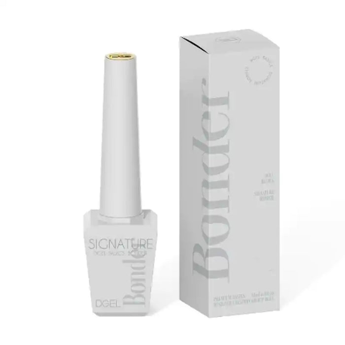 The DGEL Signature Bonder is a high-performance nail product designed to provide strong adhesion between acrylic or gel polish and the natural nail, preventing lifting and ensuring long-lasting wear. The product is formulated to balance the oil and moisture on the natural nail, creating an optimal surface for the application of base gel and subsequent coats. This detailed alt text highlights the key features and benefits of the DGEL Signature Bon