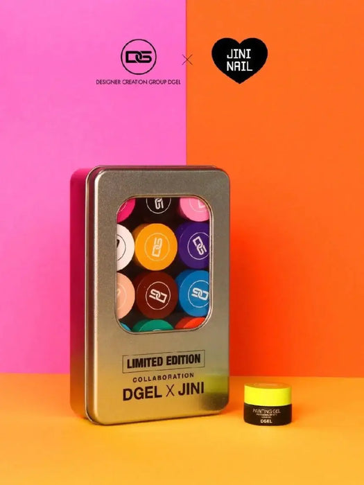 The DGEL x JINI painting gel collection packed in a stylish tin can, displayed open with colorful gel jars artistically placed inside, set against a vibrant pink and orange background, highlighting the limited edition nature of this artistic collaboration.