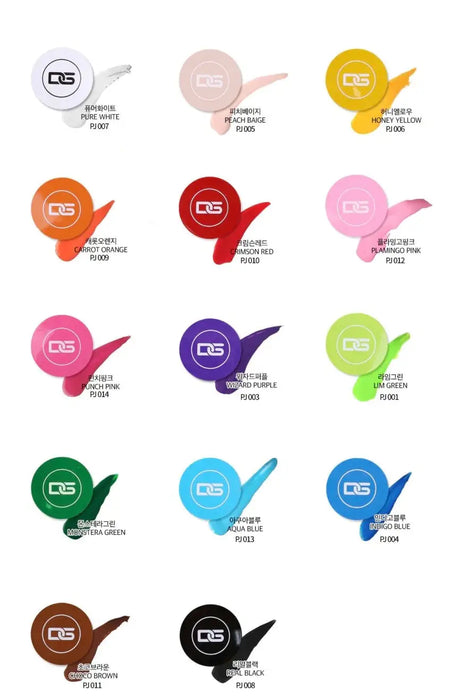 Color swatches of the DGEL x JINI painting gel collection, each dab of gel displayed next to its corresponding jar, which is labeled with the color name and code, illustrating the rich pigment and consistency of the gels.