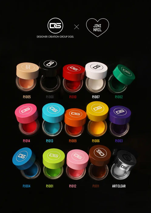 The complete DGEL x JINI painting gel collection displayed against a black background, with jars neatly arranged by color spectrum from vibrant pinks to deep greens and elegant blacks, showcasing the full range of artistic possibilities