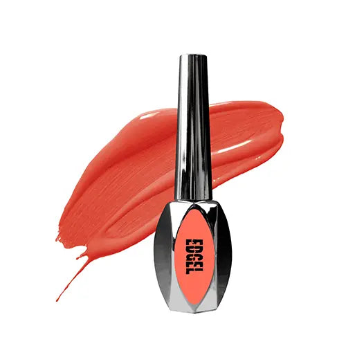 Vibrant coral-colored nail polish bottle with a sleek chrome applicator wand, showcasing the EDGEL brand name prominently displayed. The product offers a versatile 10ml volume, allowing users to create their own custom color combinations. Ideal for use in nail salons and at-home manicures, the gel formula cures quickly under UV or LED lamps for long-lasting, salon-quality results. EDGEL - premium Korean nail care products at an affordable price, 