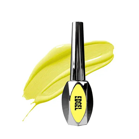 Vivid yellow nail polish with chrome-plated applicator bottle, showcasing the EDGEL brand name prominently displayed. This high-quality, salon-grade nail gel product is formulated for long-lasting, vibrant color that can be easily customized to create unique nail art designs. With a compact 10ml size, EDGEL offers convenience and versatility for professional manicures and DIY nail care.