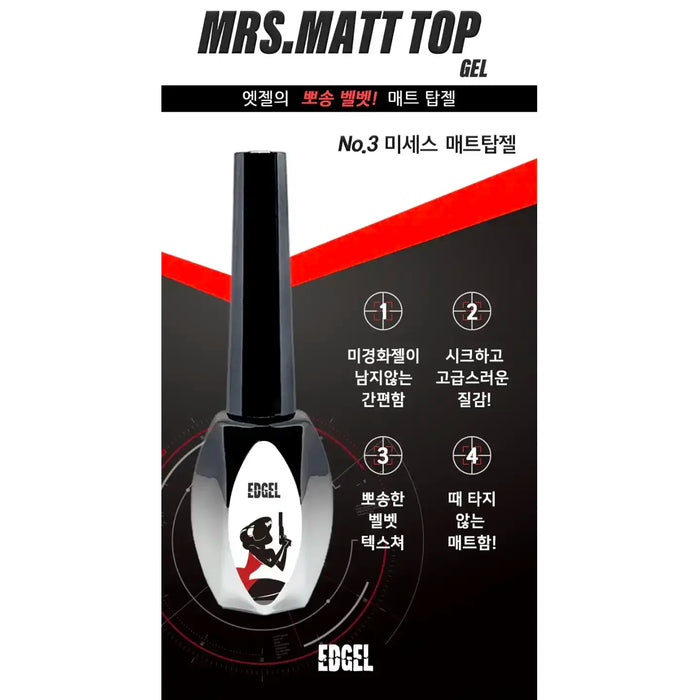 EDGEL's Matte Top Gel (10ml) is a high-quality nail product popular in Korean salons, now available in Europe. The sleek, black bottle with bold red accents features the EDGEL brand name and logo, showcasing the product's premium and professional-grade nature. This elaborately designed alt text highlights the product's key features, including its advanced formula, ease of use, and ability to provide a long-lasting, matte finish for nail care enth