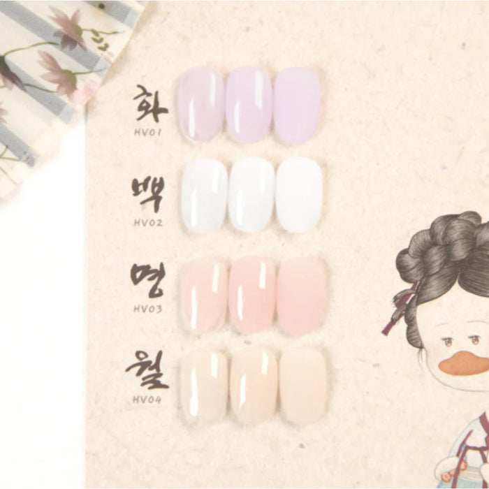 Four feminine gels in pastel shades, showcasing a variety of natural, soft tones suitable for creating delicate, ladylike nail art designs. The product image highlights the versatility of the "Hoholee Collection Portrait of a Beauty" gel set, which can be used for creating elegant color combinations and color correction effects, perfect for the modern beauty trend of the "babyboom" manicure style.