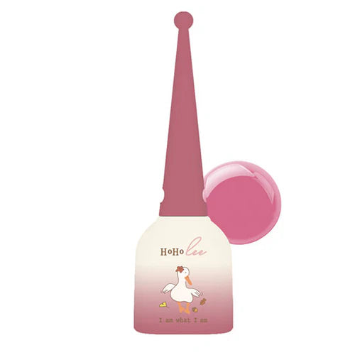 A vibrant pink bottle containing gel nail polish from the HoHoLee Collection, inspired by the warm and cozy autumn season on a farm, with a whimsical duck graphic and the brand name prominently displayed. The gel polish offers semi-sheer to opaque coverage and can create various nail art effects.