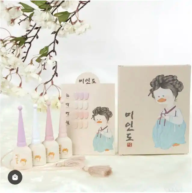 Delicate floral arrangement and packaging design featuring a whimsical portrait illustration of a traditional Korean woman, showcasing the Hoholee Collection's diverse and vibrant color palette. This visually captivating image effectively highlights the high-quality, versatile nail gel products available in this Shopify collection.