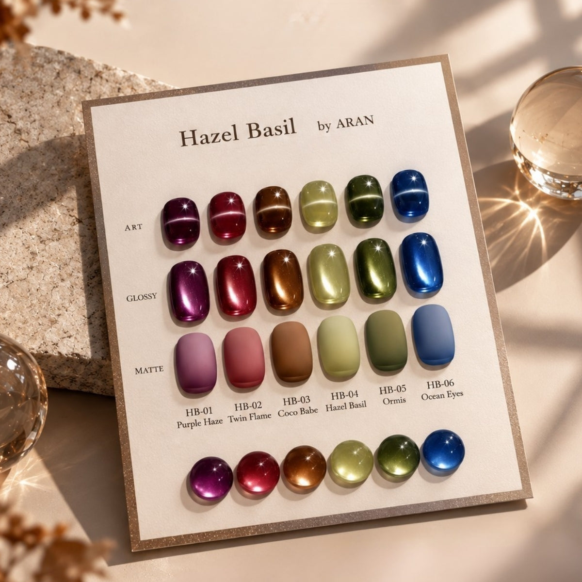 CLODI Hazel Basil by ARAN six magnetic gel shades on labelled art, glossy and matte swatch card