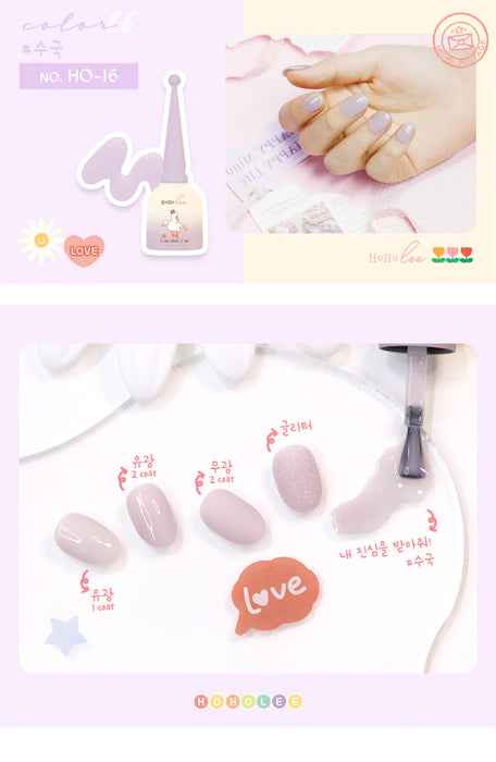 The image shows a set of 20 Korean nail gel colors from the HOHOLEE Collection Episode 1, called Mate Gel. The set includes a variety of spring-inspired colors, ranging from translucent and natural tones to a warm, milky base. The gel colors are displayed alongside a hand model and various nail care tools, showcasing the high-quality and versatile nature of the product.