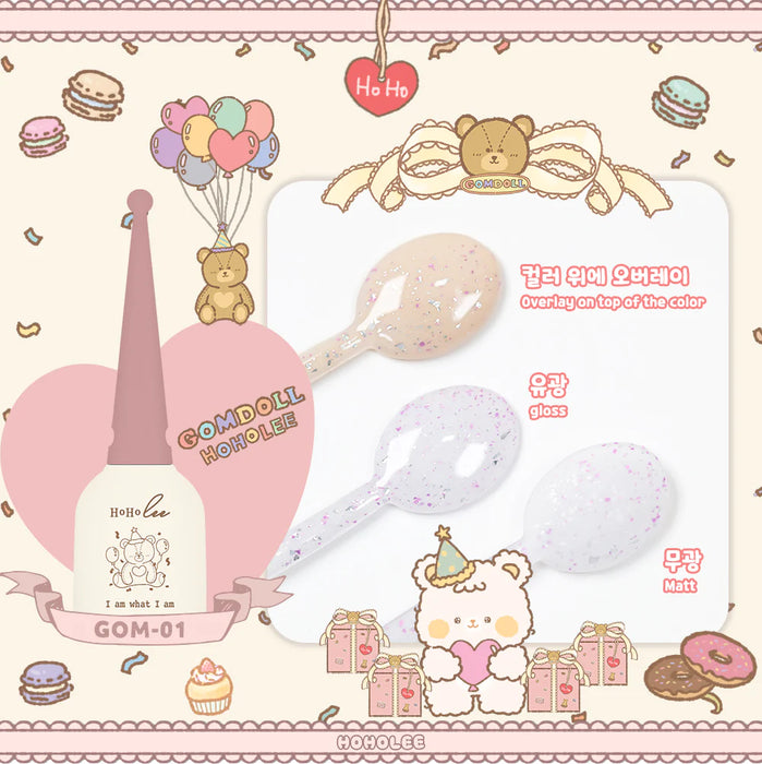 A whimsical and colorful image featuring the Hoholee Gomdoll Collection of 5-effect gel nail polish sets. The image showcases the various glitter and textured gel toppers, along with cute bear characters, balloons, and other playful elements that capture the fun and creative nature of the Hoholee brand.