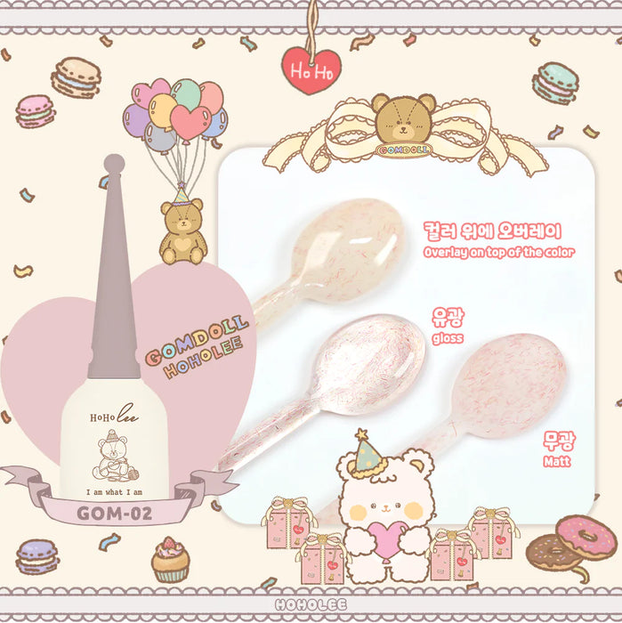 Detailed, elaborative alt text for the "Hoholee Collection Gomdoll - 5 Effect Gel Set" product image: The image showcases the Gomdoll collection by Hoholee, a set of five different glitter gel toppers for adding texture and depth to manicures. The product is displayed alongside whimsical illustrations featuring teddy bears, balloons, and other playful elements, creating a charming and inviting presentation for the Hoholee brand.