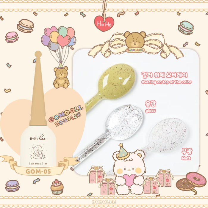 Detailed and vibrant image of a Gomdoll-themed product from the Hoholee Collection, featuring a glitter gel set with a variety of textures and effects. The image showcases the whimsical and playful nature of the Hoholee brand, with adorable bear characters and pastel color palette.