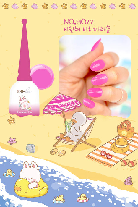 Vibrant and joyful summer scene featuring whimsical characters, accessories, and colorful nail polish bottles, showcasing the Hoholee Vacance gel nail set with a variety of cheerful shades.