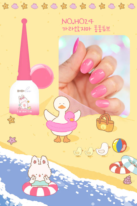 Image of a Hoholee Collection Vacance 10 Color Gel Set, featuring a variety of colorful summer-themed elements such as ducks, beach balls, and nail polish bottles with Bunny HOHO or Bear HOHO characters.