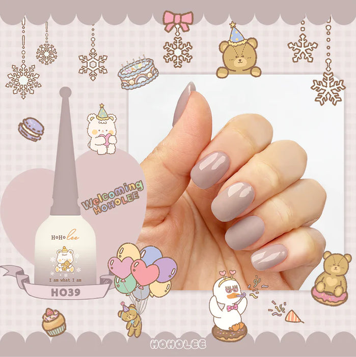 Festive winter-themed product image showcasing a Shopify collection called "Hoholee Collection Welcoming - 10 Color Gel Set". The image displays various colorful gel nail polish bottles, soft-toned manicured nails, and whimsical decorative elements like snowflakes, plush toys, and pastries, creating a charming and inviting atmosphere. The product description highlights the sweet and creamy color palette inspired by a welcoming party for a new fri