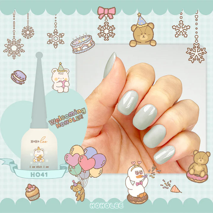 A festive display of pastel-colored nail polish bottles and holiday-themed illustrations, including snowflakes, a teddy bear, and a sweet cake, against a light blue background, invites the viewer to discover the Hoholee Collection Welcoming - 10 Color Gel Set, a new offering from the Korean nail supply brand.