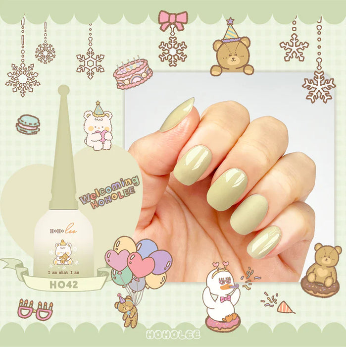 Detailed alt text for the image showcasing the "Hoholee Collection Welcoming - 10 Color Gel Set" Shopify product: Closeup image of a hand with long, light-colored nails against a whimsical, pastel-colored background featuring various winter-themed illustrations such as snowflakes, a Christmas tree, a teddy bear, and cartoon characters. The product description highlights the sweet and creamy colors of the "Hoholee Welcoming Collection" inspired by