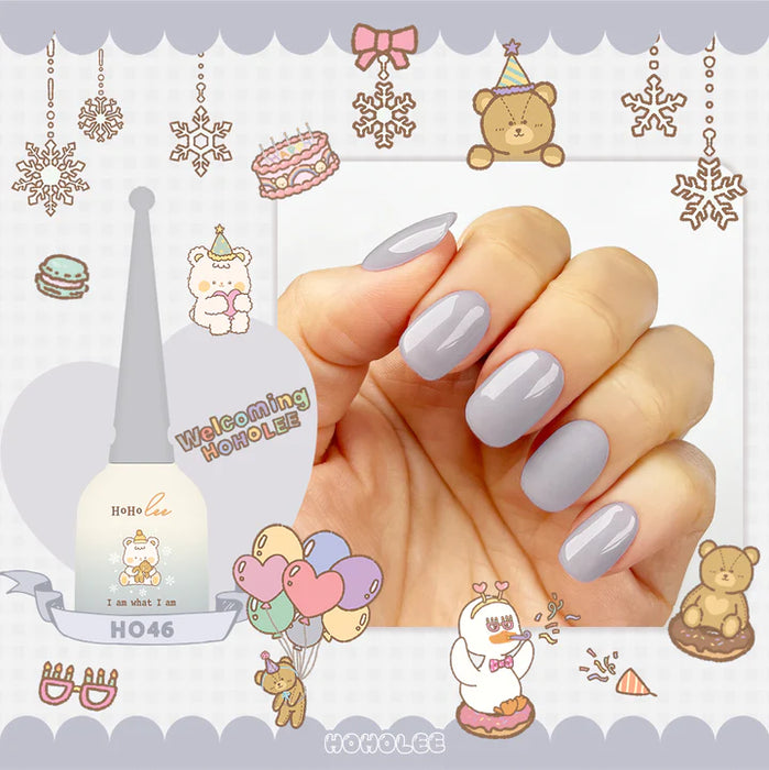 A collection of festive winter icons and decorations surround manicured hands displaying Hoholee's colorful gel nail polish set, comprising a charming and whimsical holiday-themed product display.