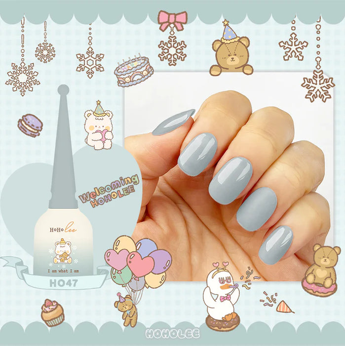 Detailed and whimsical alt text for the "Hoholee Collection Welcoming - 10 Color Gel Set" Shopify product image: A festive and cheerful image showcasing a hand with nicely manicured light gray nails. The background is filled with various winter-themed elements, including snowflakes, Christmas ornaments, a snowman, and cute cartoon characters like bears, cupcakes, and balloons, all in a pastel color palette. This image captures the warm and inviti