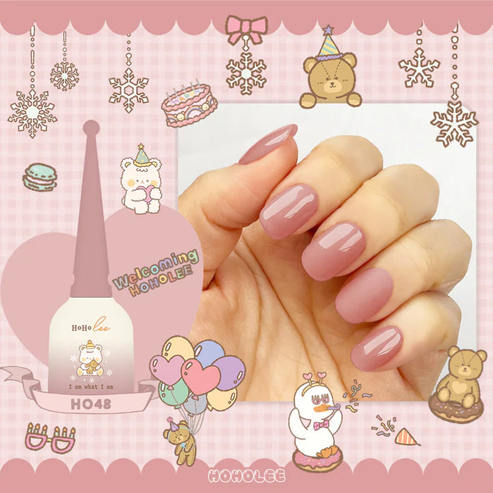 Delicate female hands featuring perfectly manicured nails in soft, pastel shades, showcasing the Hoholee Welcoming Collection nail polish set. The image is adorned with whimsical, holiday-themed illustrations including snowflakes, a winter wonderland, and cute cartoon characters, creating a charming and playful aesthetic. This product image effectively highlights the sweet, creamy color palette and the festive, celebratory theme of the Hoholee We